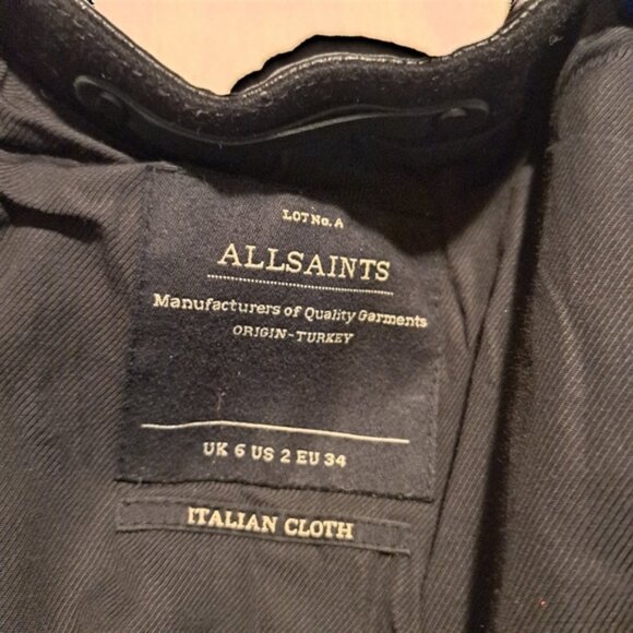 All Saints womens size 2 black Sharr coat, 80% wool, leather collar - Picture 2 of 13